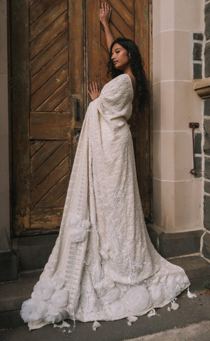 Embroidered Bridal Threadwork Georgette Saree with Feather &amp; Peacock Embroidery