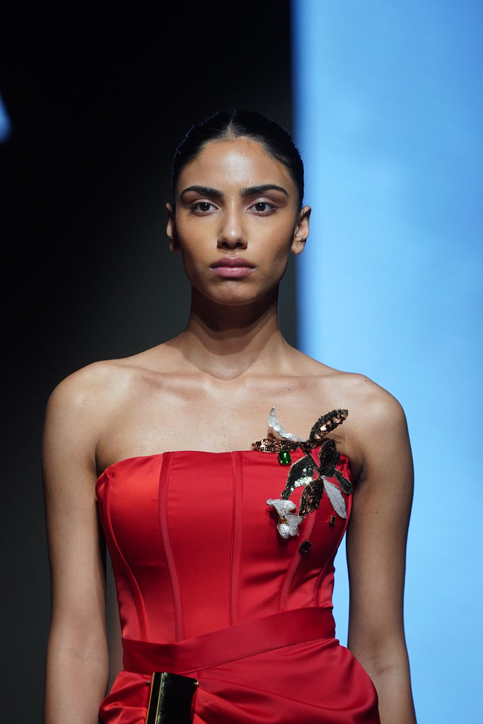 Corset with Metallic Plates & Sequin Floral Appliqués