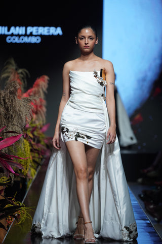 Draped Dress with Metallic Plates &amp; Sequin Floral Appliqués