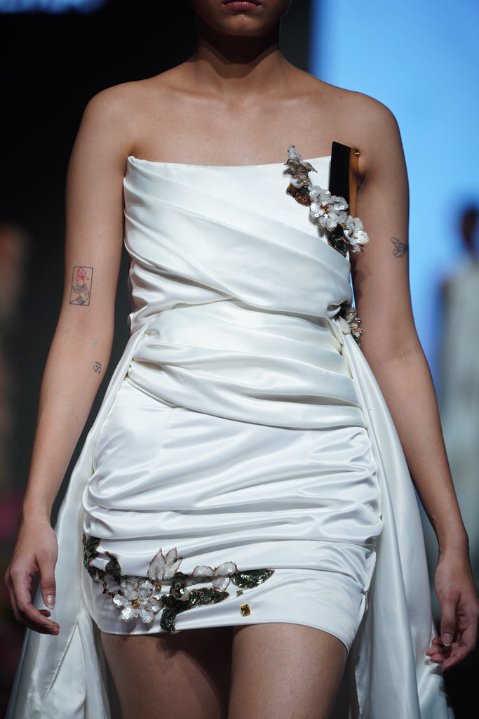 Draped Dress with Metallic Plates &amp; Sequin Floral Appliqués