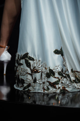 Draped Dress with Metallic Plates &amp; Sequin Floral Appliqués